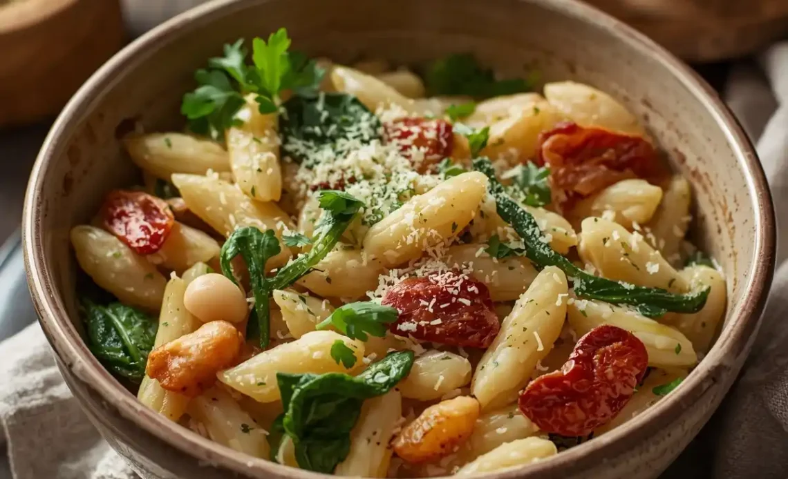 A rustic ceramic bowl filled with creamy orzo pasta, plump white beans, wilted spinach, and pieces of sun-dried tomato. The dish looks warm and inviting, topped with fresh grated parmesan, a sprinkle of chopped parsley, and a drizzle of golden olive oil. Set on a wooden table with a linen napkin, a spoon beside the bowl, and a wedge of bread in the background. Soft winter daylight, cozy and appetizing, perfect for a cold evening. The colors are creamy, green, and red with a homestyle, wholesome vibe.